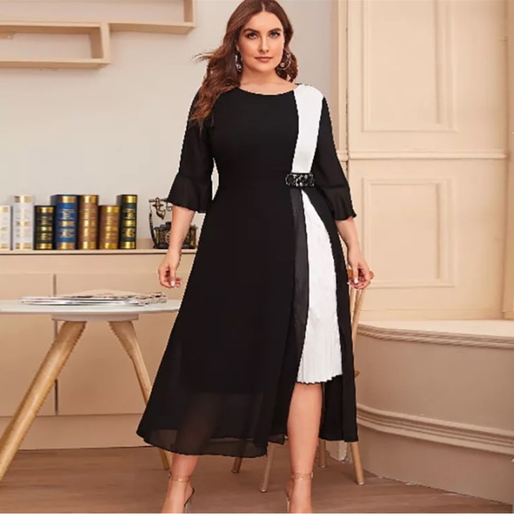 😀- -😊 Classy Colorblock Mesh Overlay with Lace Detail Pleated Dress 2X  She - Picture 2 of 6